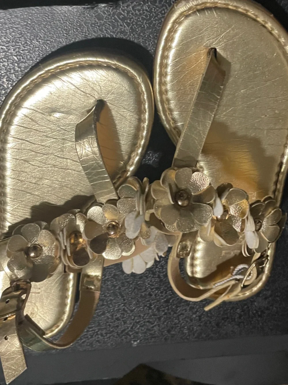 Girls' Gold Floral T-Strap Sandals - Metallic Flower Detail